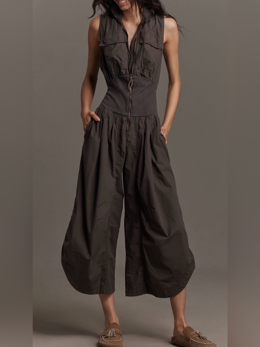 Anthropologie Warm Charcoal Utility Wide-Leg Sleeveless Jumpsuit